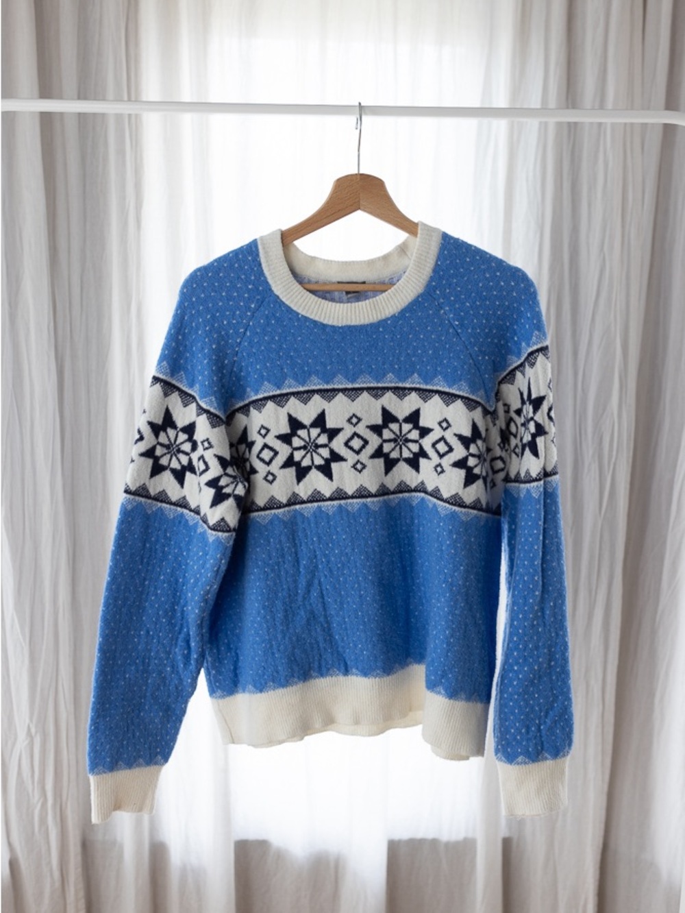 aerie Blue Fair Isle Crewneck Sweater with Ivory Trim